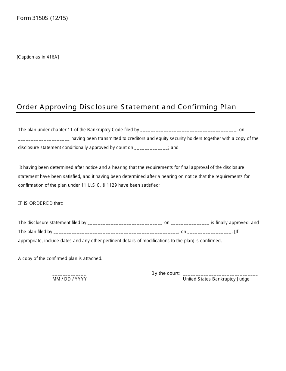 Form B3150S Order Approving Disclosure Statement and Confirming Plan, Page 1