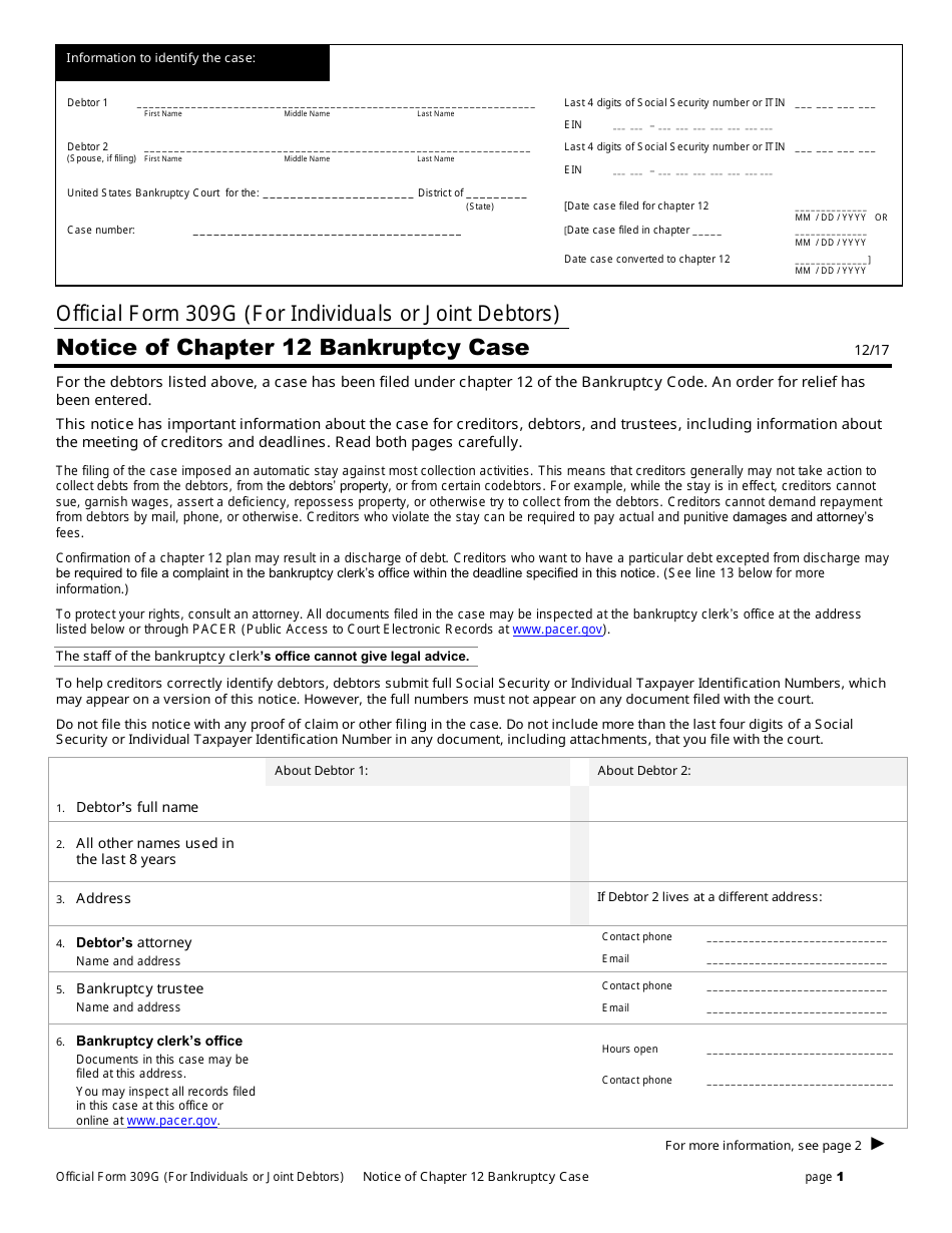 Official Form 309G Notice of Chapter 12 Bankruptcy Case, Page 1