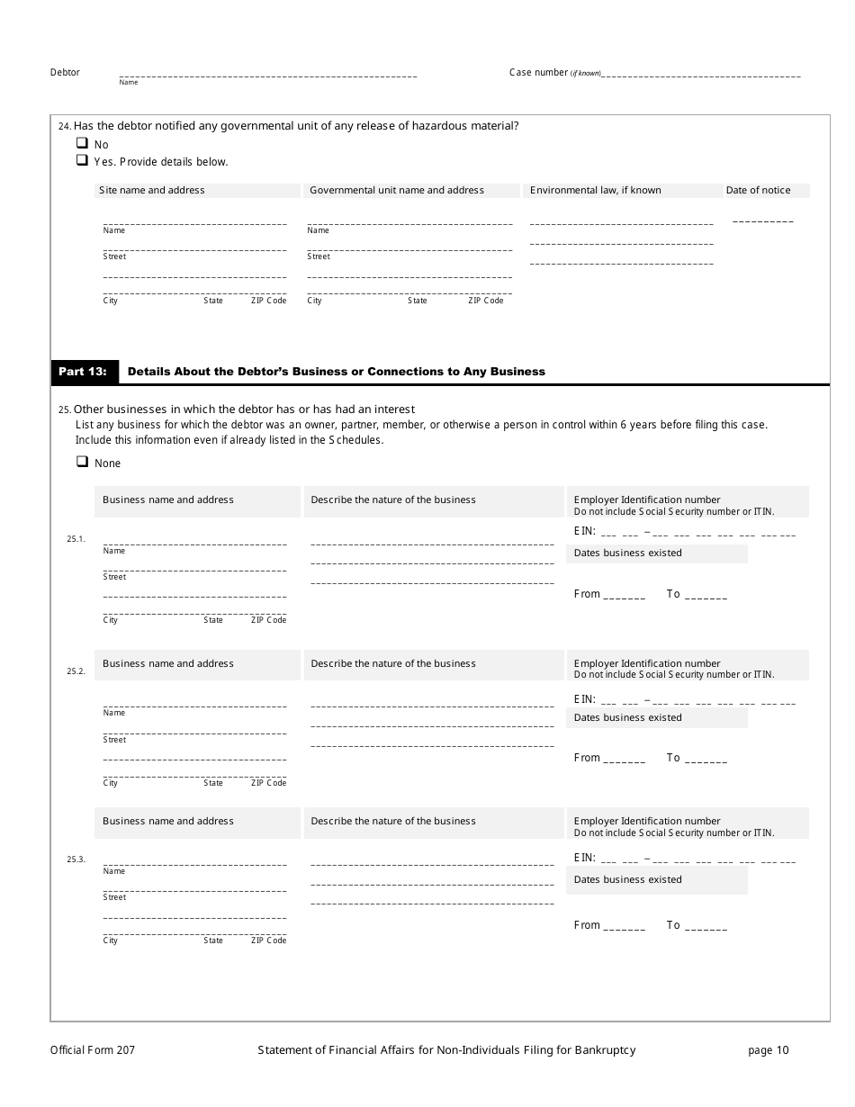 Official Form 207 Statement of Financial Affairs for Non-individuals Filing for Bankruptcy, Page 10
