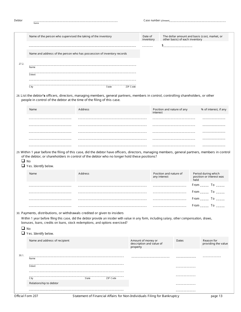Official Form 207 Statement of Financial Affairs for Non-individuals Filing for Bankruptcy, Page 13