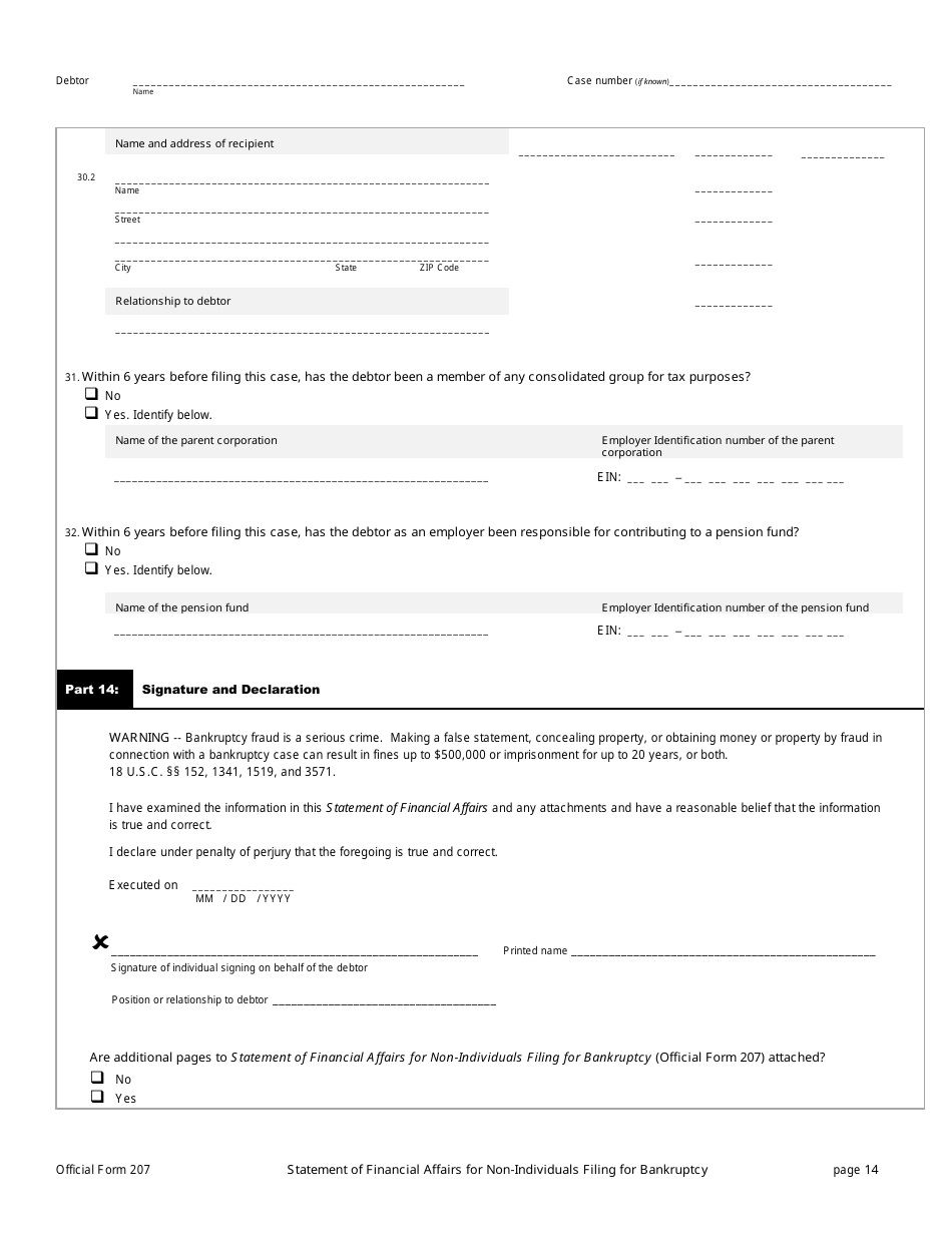 Official Form 207 Statement of Financial Affairs for Non-individuals Filing for Bankruptcy, Page 14