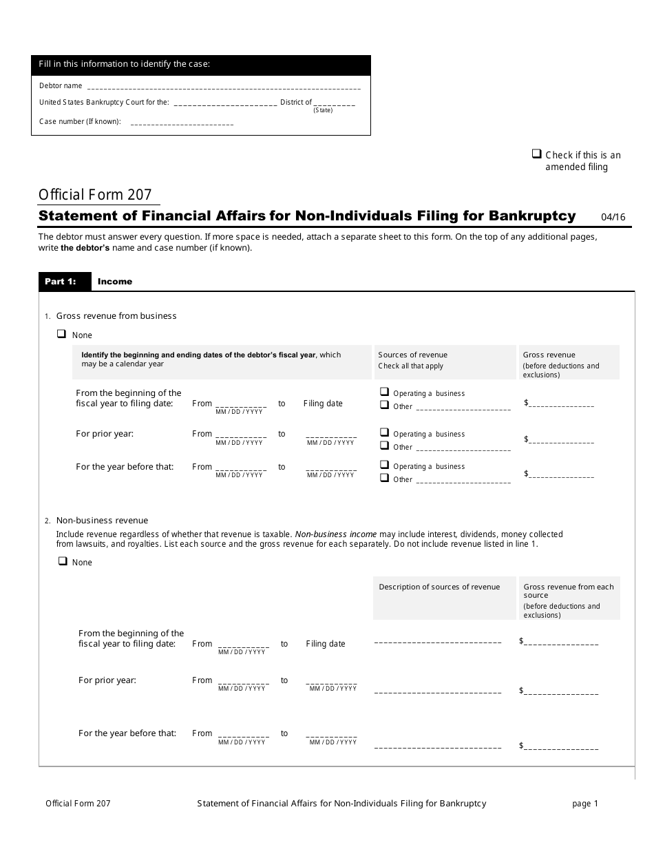 Official Form 207 Statement of Financial Affairs for Non-individuals Filing for Bankruptcy, Page 1