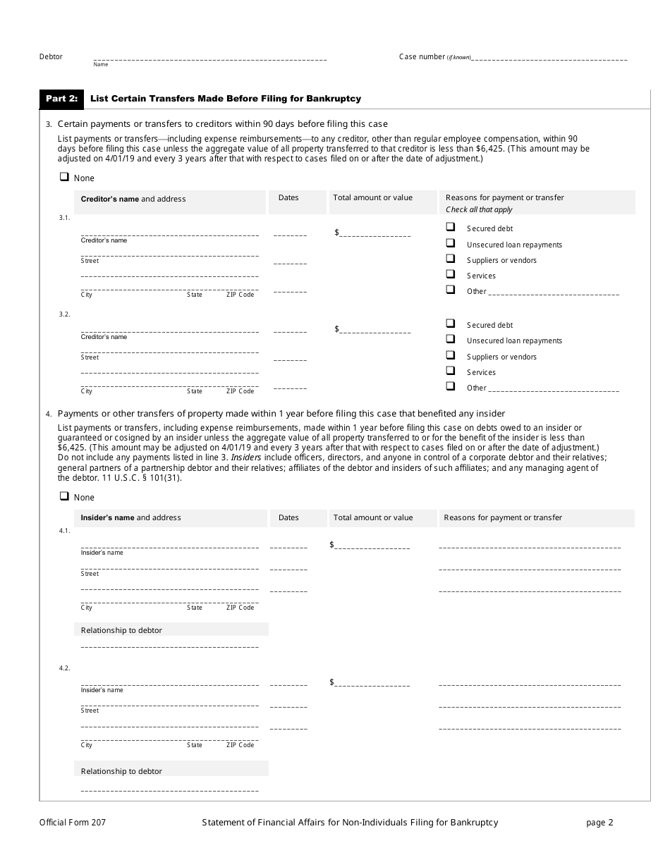 Official Form 207 Statement of Financial Affairs for Non-individuals Filing for Bankruptcy, Page 2
