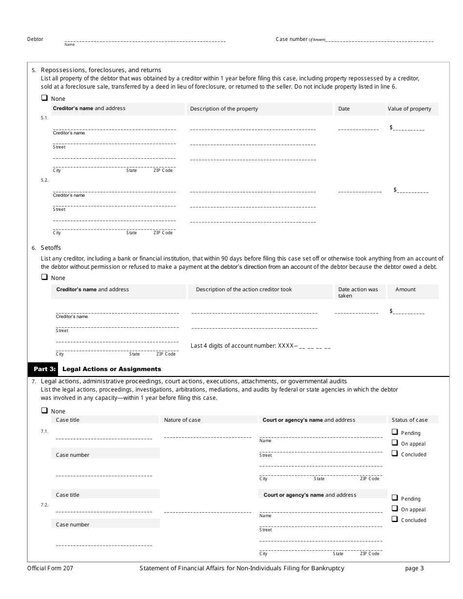 Official Form 207 Statement of Financial Affairs for Non-individuals Filing for Bankruptcy, Page 3