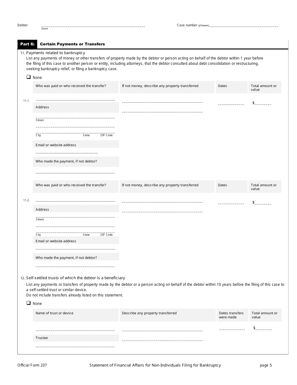 Official Form 207 Statement of Financial Affairs for Non-individuals Filing for Bankruptcy, Page 5