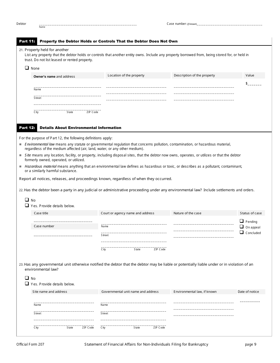 Official Form 207 Statement of Financial Affairs for Non-individuals Filing for Bankruptcy, Page 9