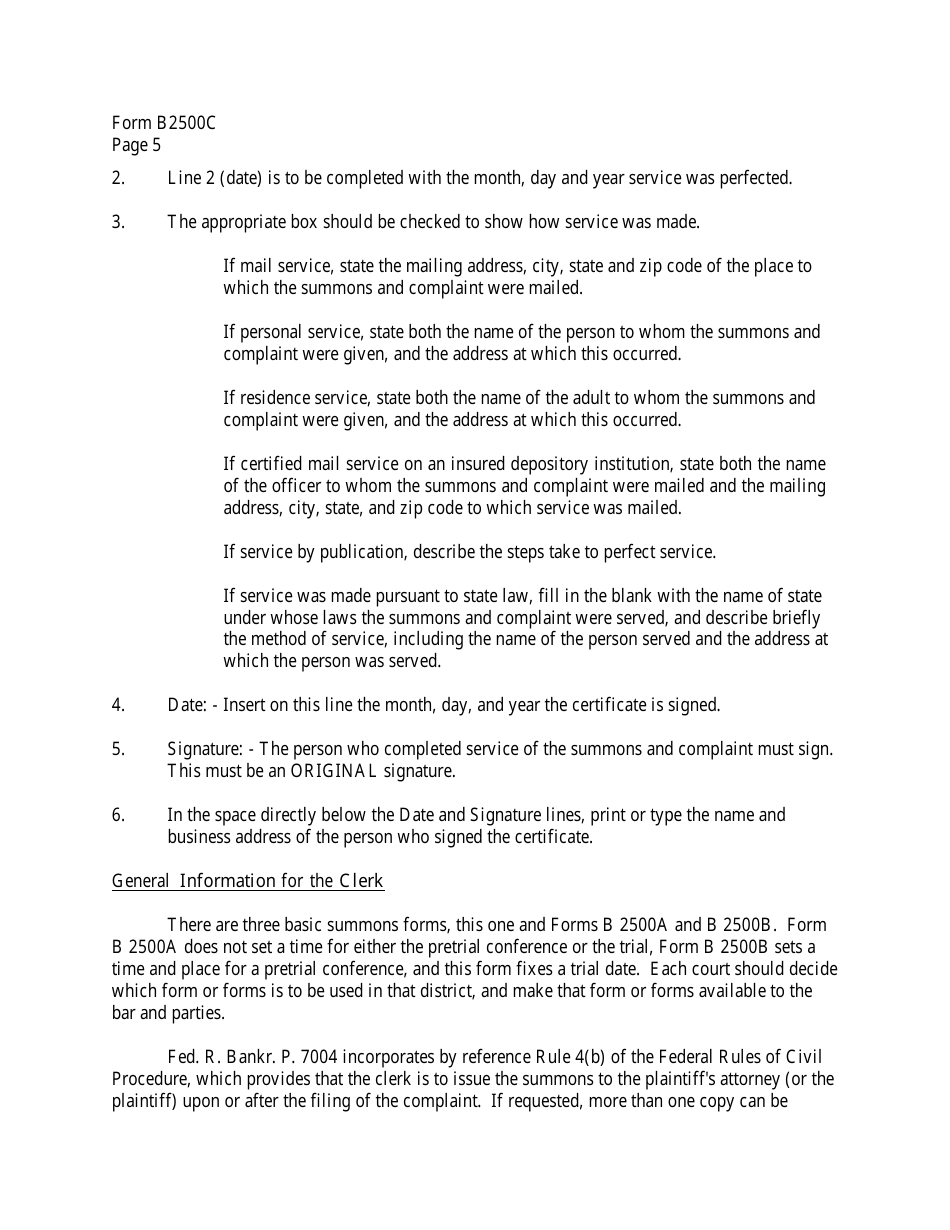 Instructions for Form B2500C Summons and Notice of Trial in an Adversary Proceeding, Page 5