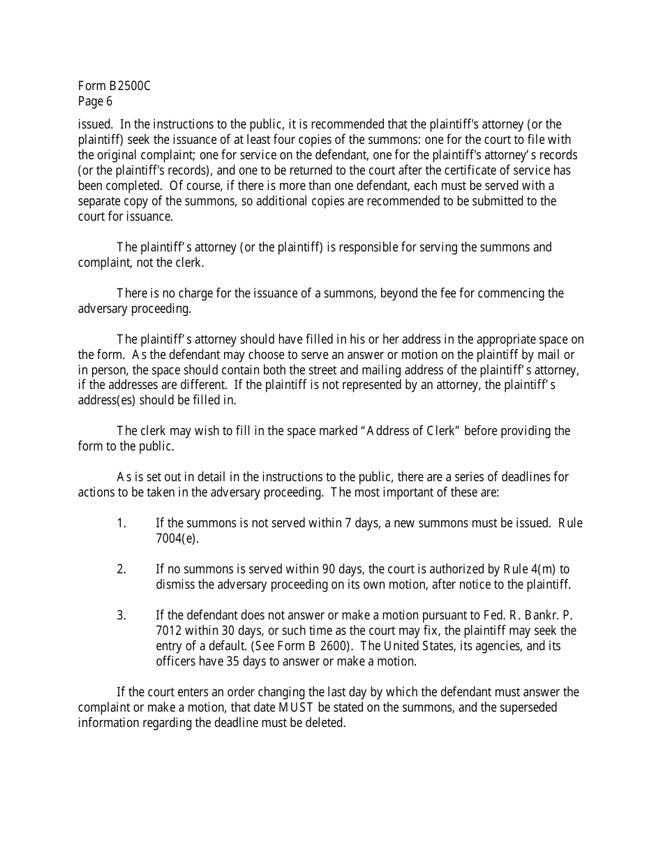 Instructions for Form B2500C Summons and Notice of Trial in an Adversary Proceeding, Page 6