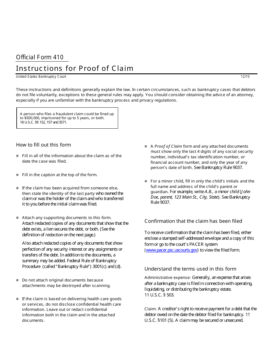 Instructions for Form 410 Proof of Claim, Page 1
