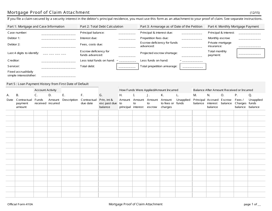 Official Form 410A Mortgage Proof of Claim Attachment, Page 1