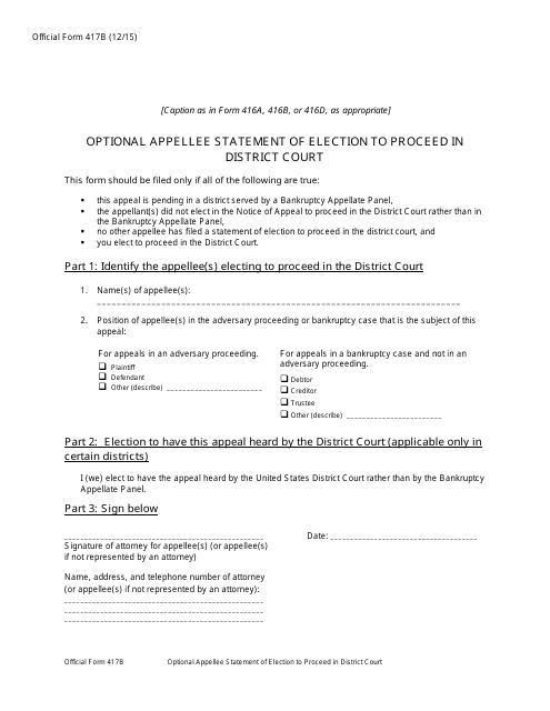 Official Form 417B Optional Appellee Statement of Election to Proceed in District Court