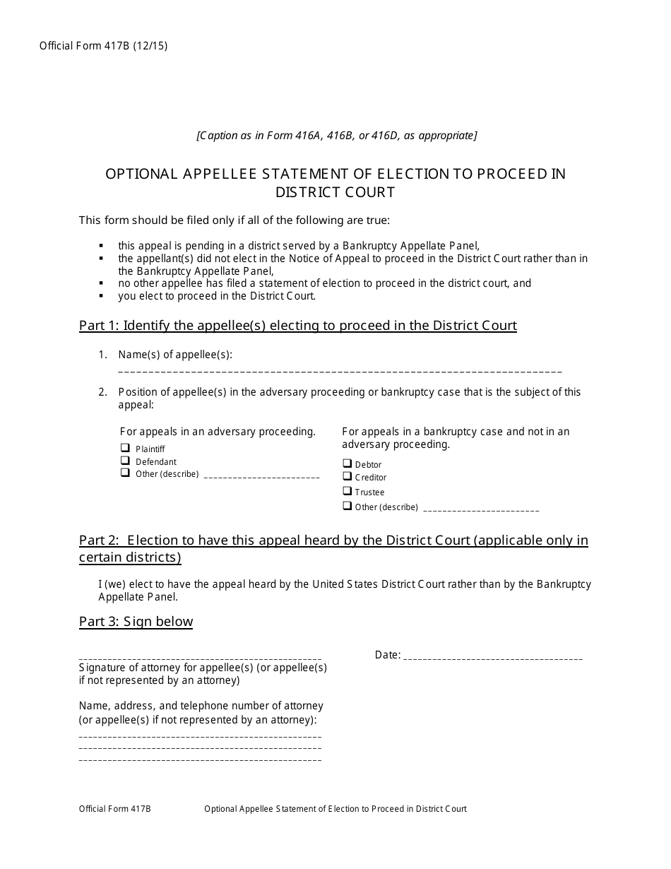 Official Form 417B Optional Appellee Statement of Election to Proceed in District Court, Page 1