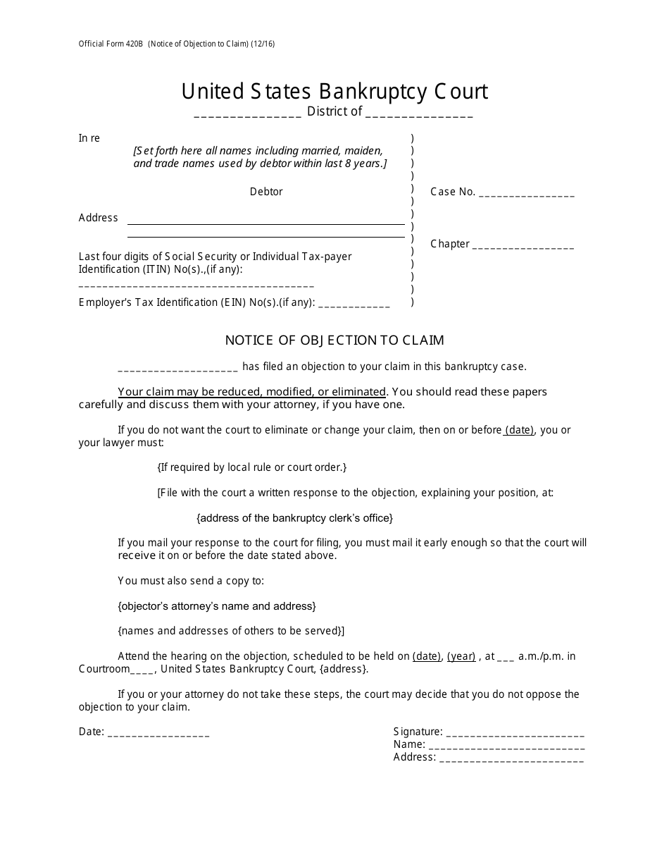 Official Form 420B Notice of Objection to Claim, Page 1