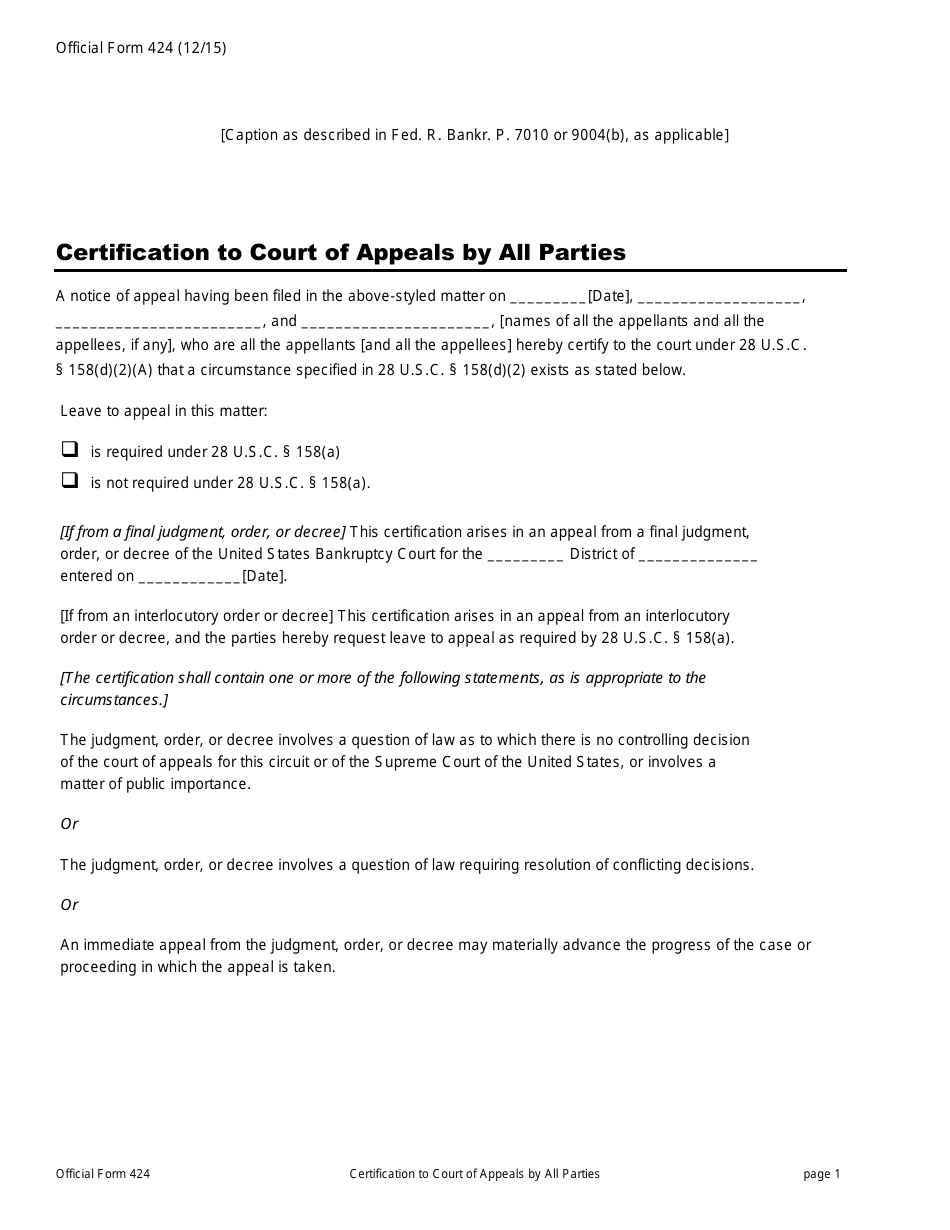 Official Form 424 Certification to Court of Appeals by All Parties, Page 1