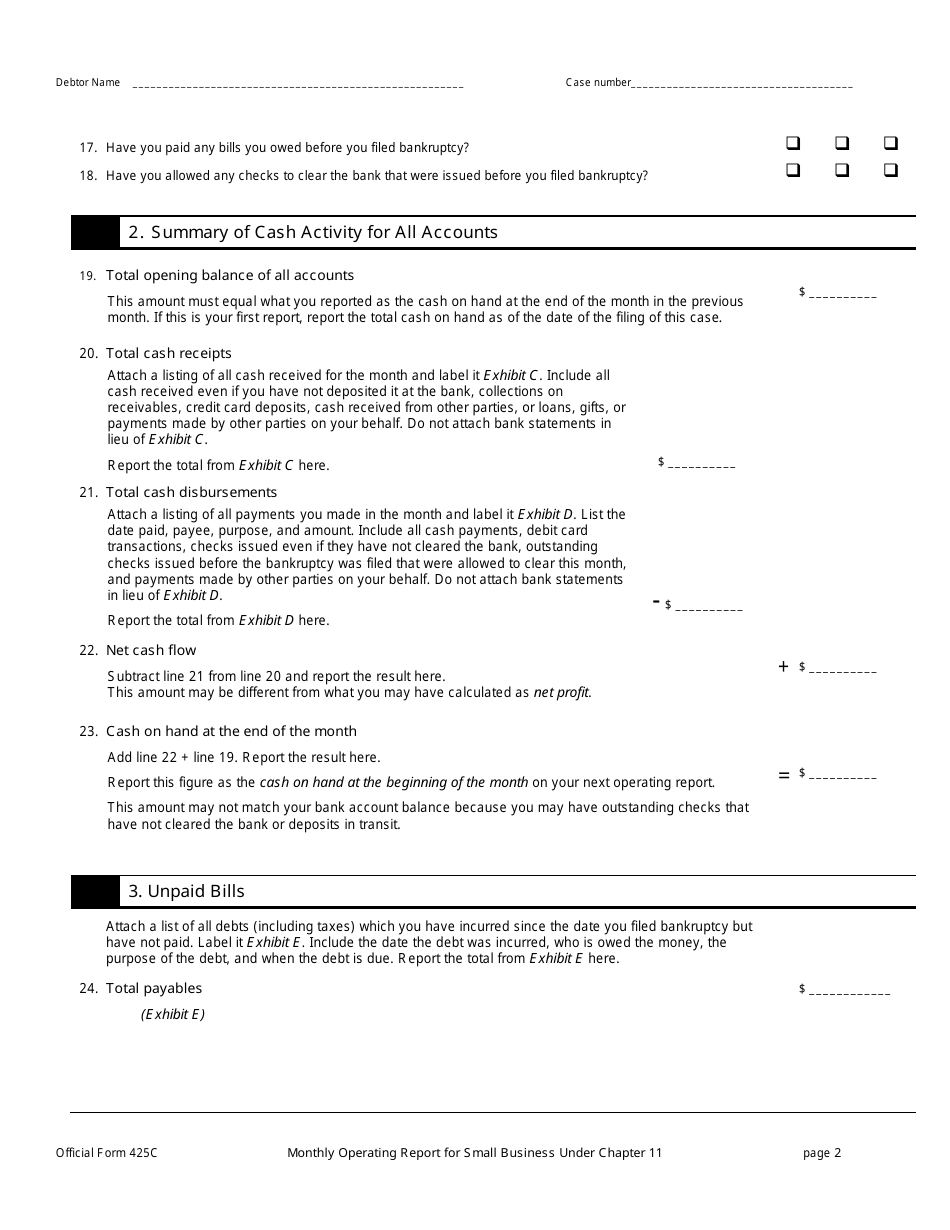 Official Form 425C Monthly Operating Report for Small Business Under Chapter 11, Page 2