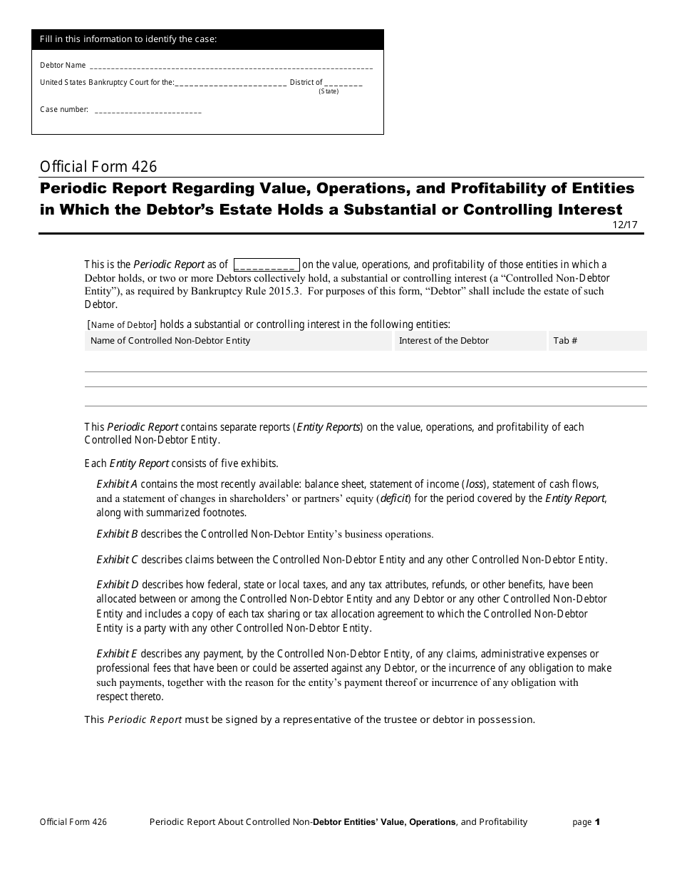 Official Form 426 Periodic Report Regarding Value, Operations, and Profitability of Entities in Which the Debtors Estate Holds a Substantial or Controlling Interest, Page 1