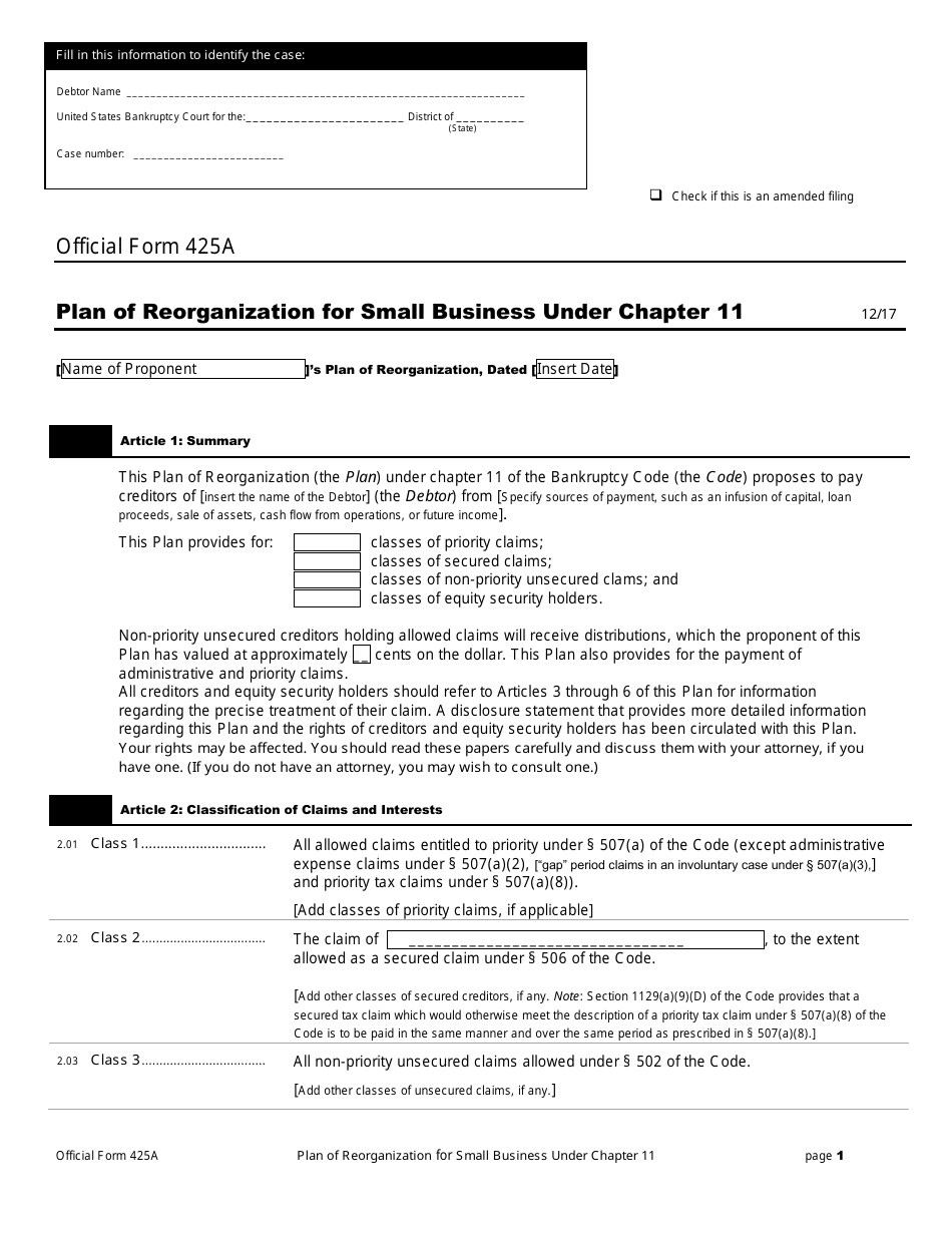 Official Form 425A Plan of Reorganization for Small Business Under Chapter 11, Page 1