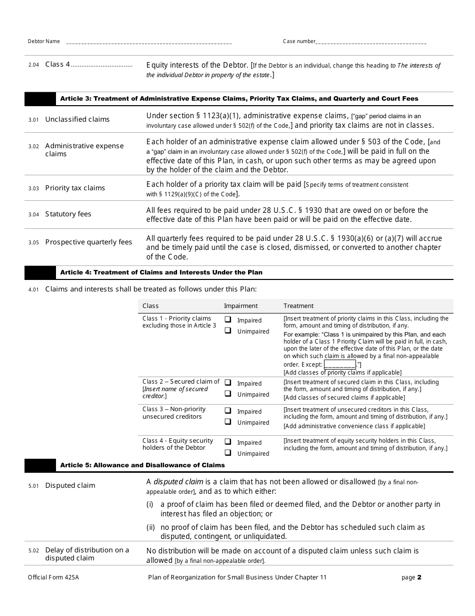 Official Form 425A Plan of Reorganization for Small Business Under Chapter 11, Page 2