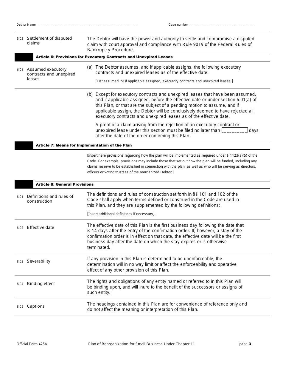 Official Form 425A Plan of Reorganization for Small Business Under Chapter 11, Page 3