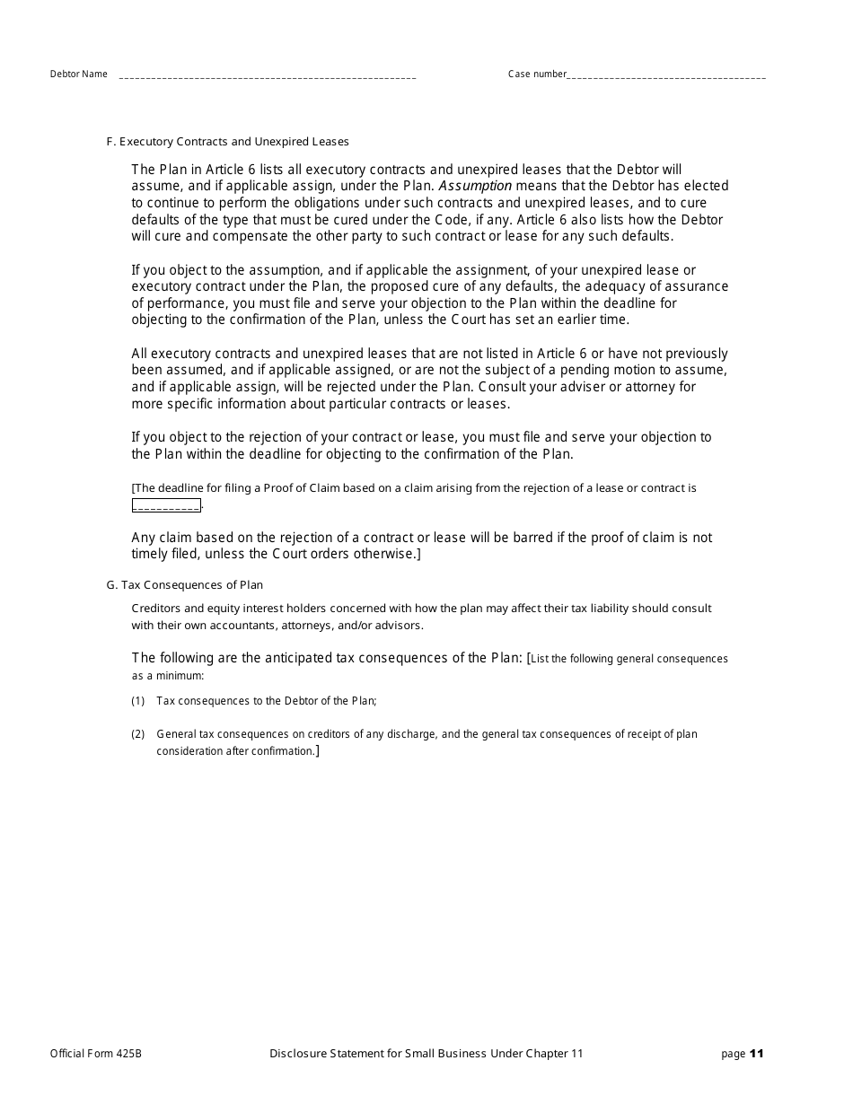 Official Form 425B Disclosure Statement for Small Business Under Chapter 11, Page 11