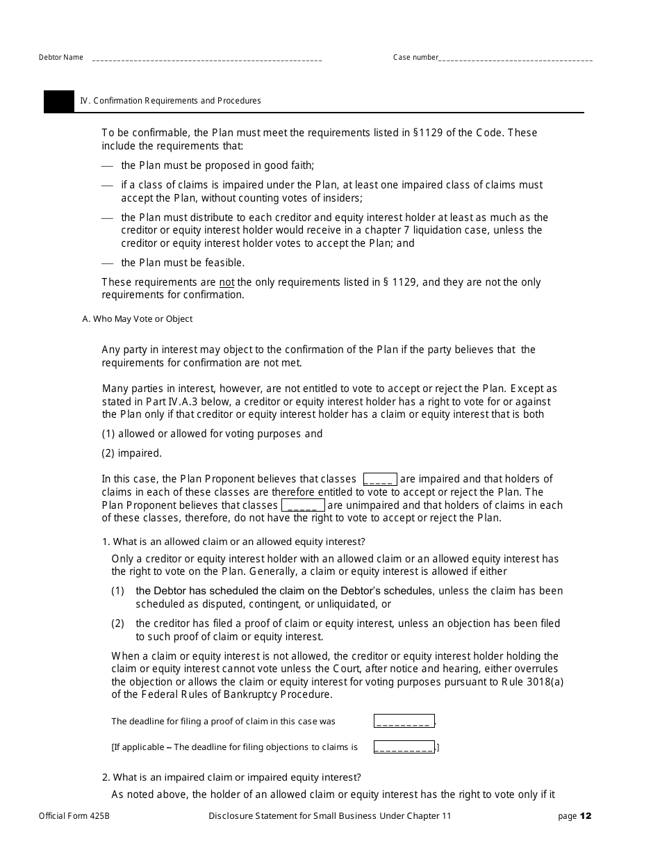 Official Form 425B Disclosure Statement for Small Business Under Chapter 11, Page 12