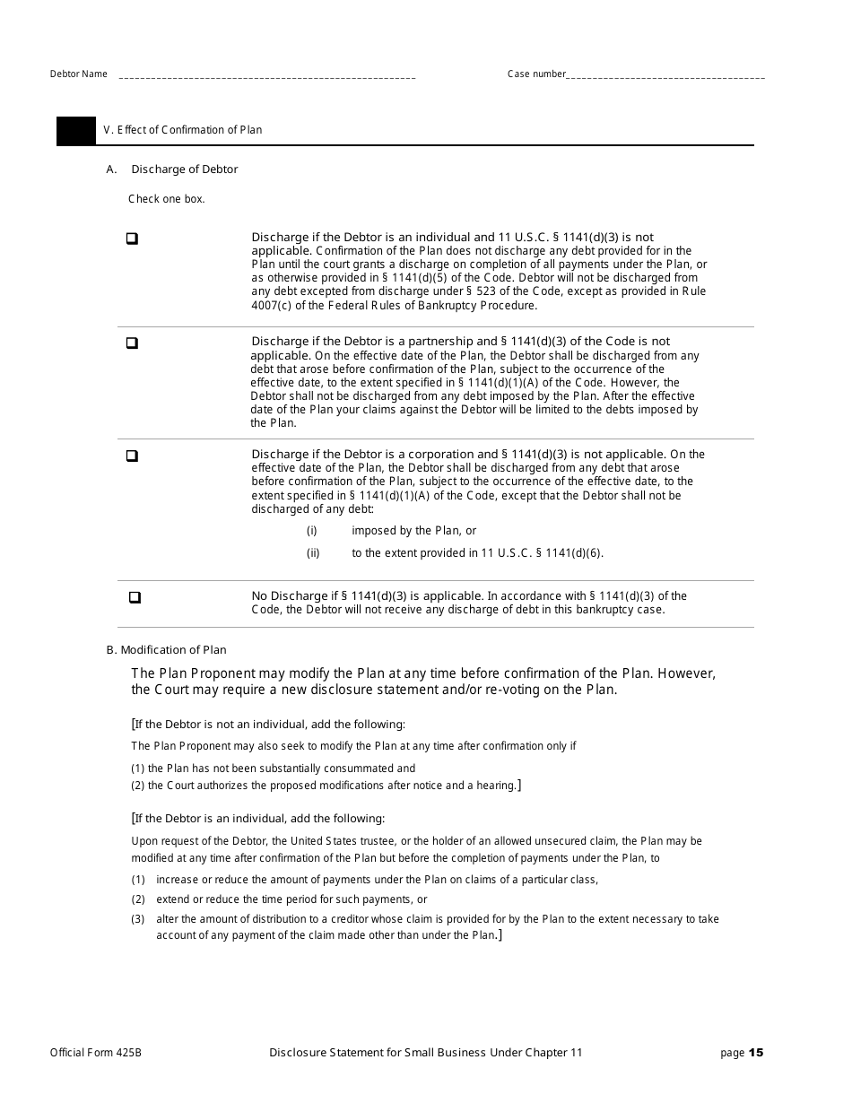 Official Form 425B Disclosure Statement for Small Business Under Chapter 11, Page 15