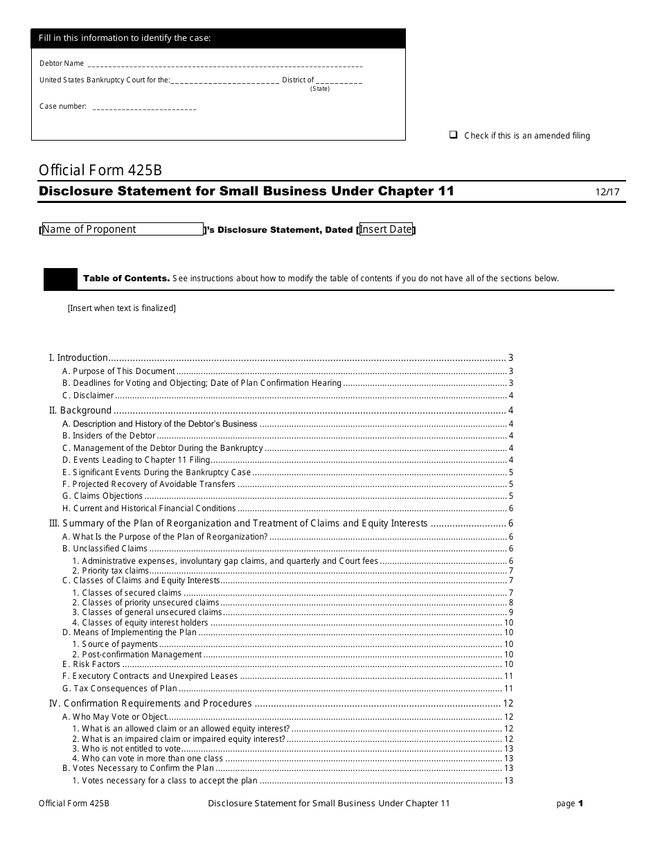 Official Form 425B Disclosure Statement for Small Business Under Chapter 11, Page 1
