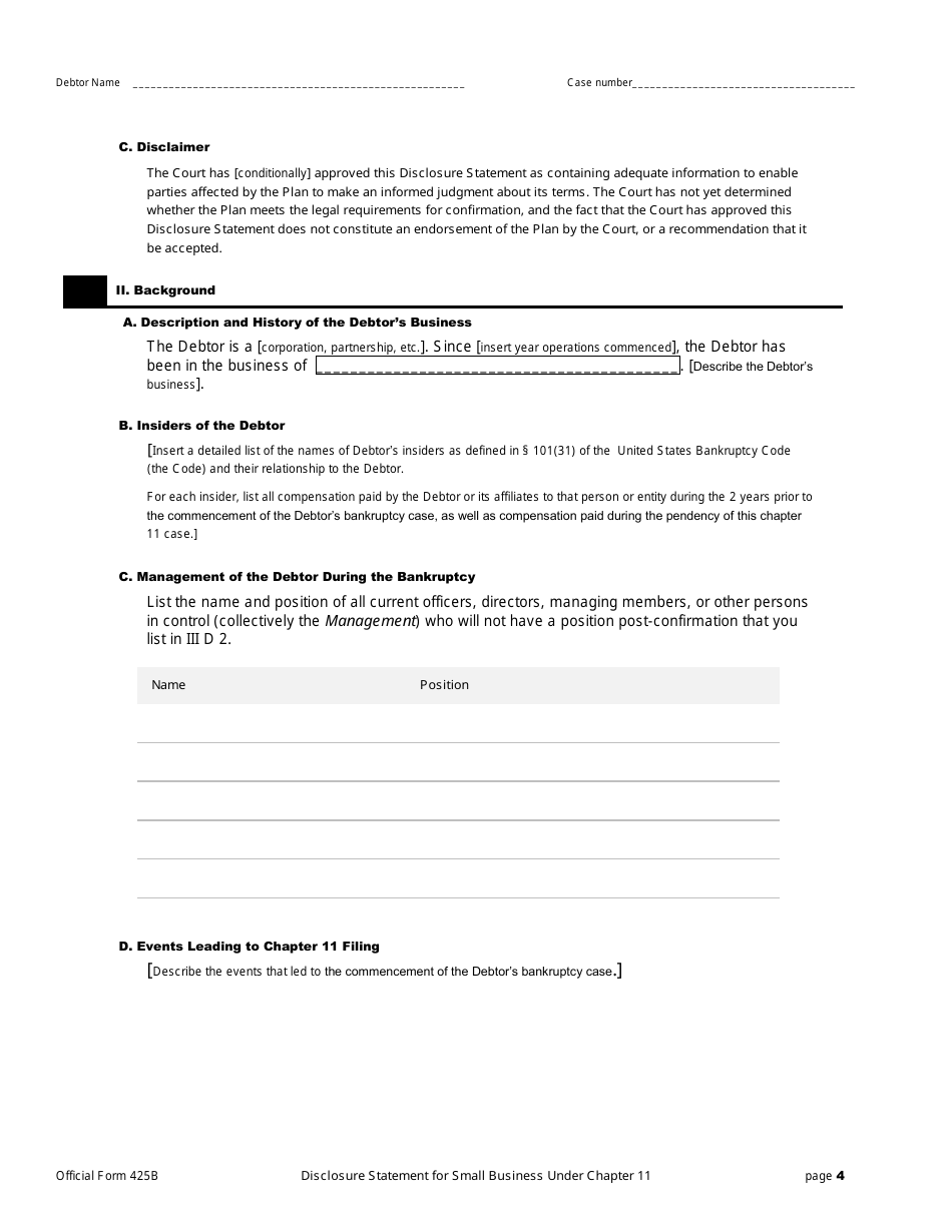 Official Form 425B Disclosure Statement for Small Business Under Chapter 11, Page 4