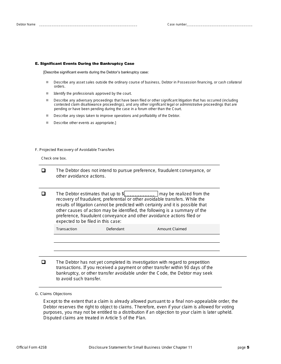 Official Form 425B Disclosure Statement for Small Business Under Chapter 11, Page 5