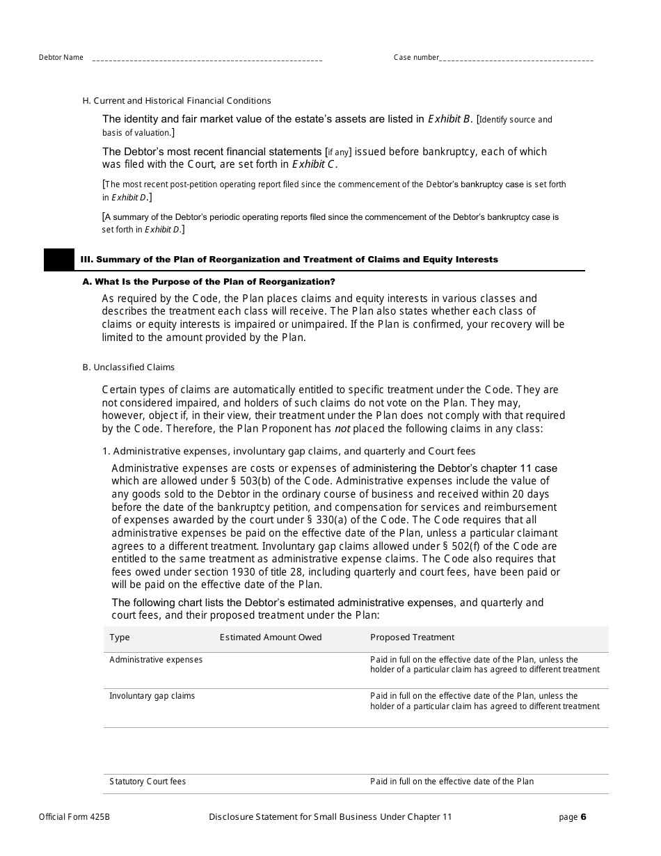 Official Form 425B Disclosure Statement for Small Business Under Chapter 11, Page 6