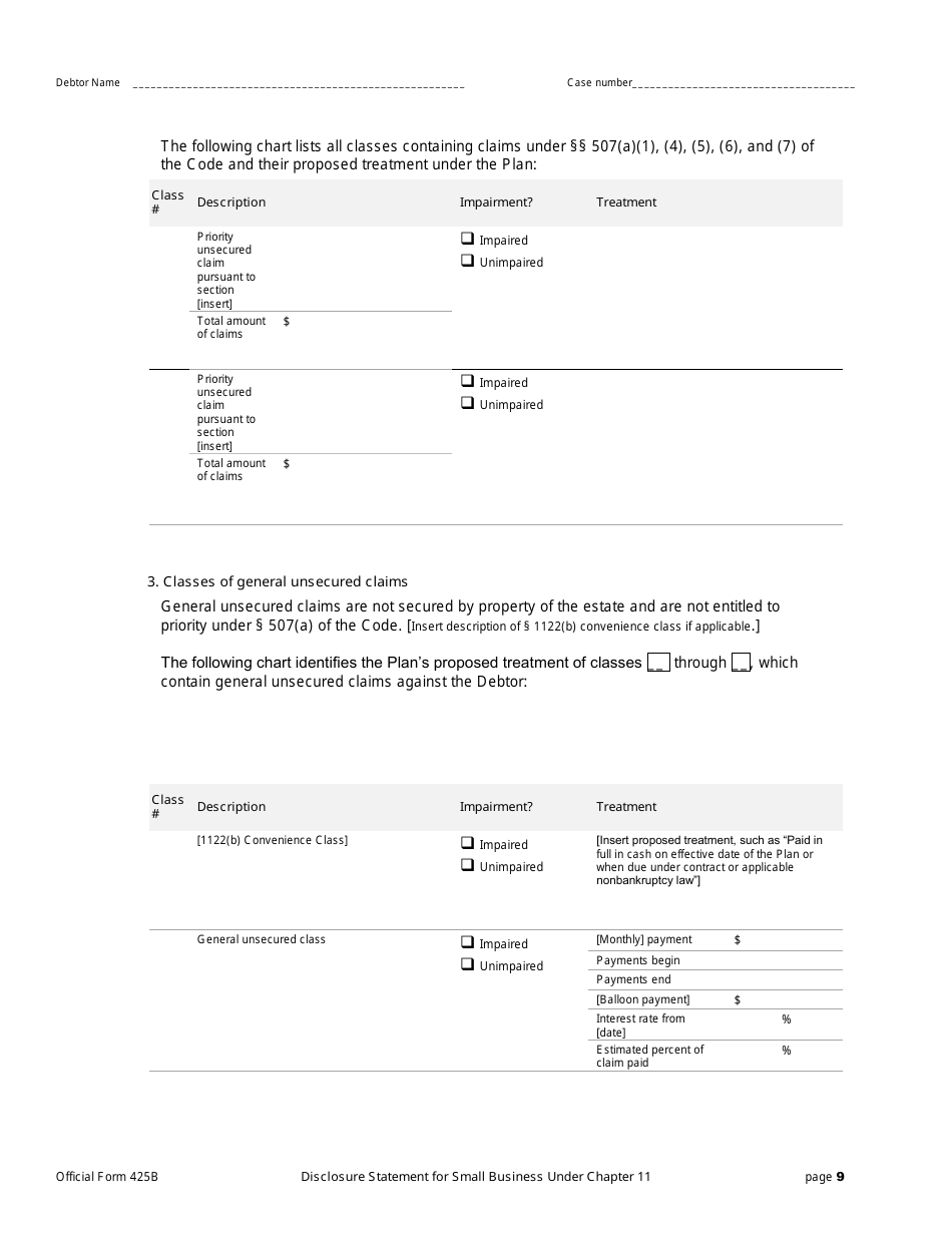 Official Form 425B Disclosure Statement for Small Business Under Chapter 11, Page 9