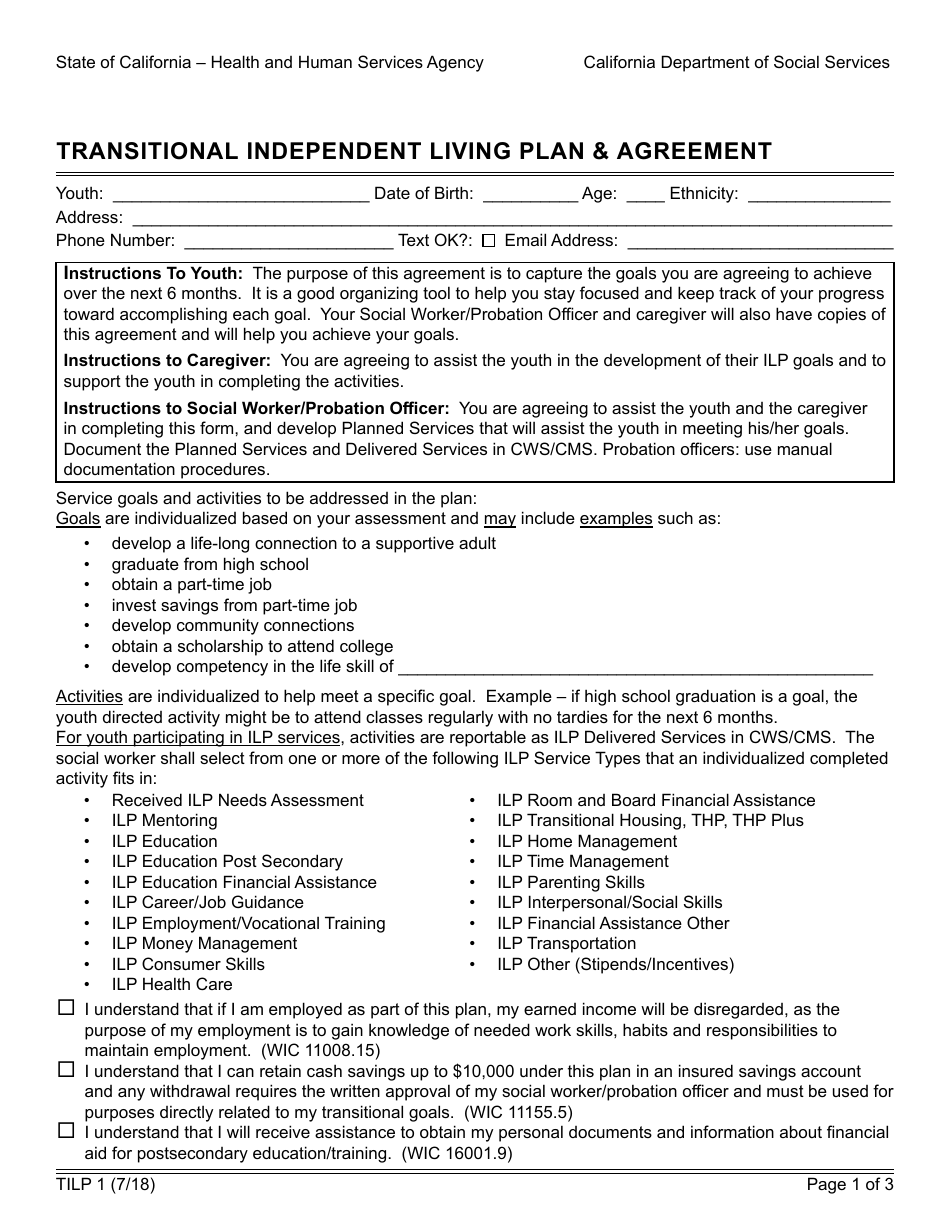 Form TILP1 Transitional Independent Living Plan  Agreement - California, Page 1