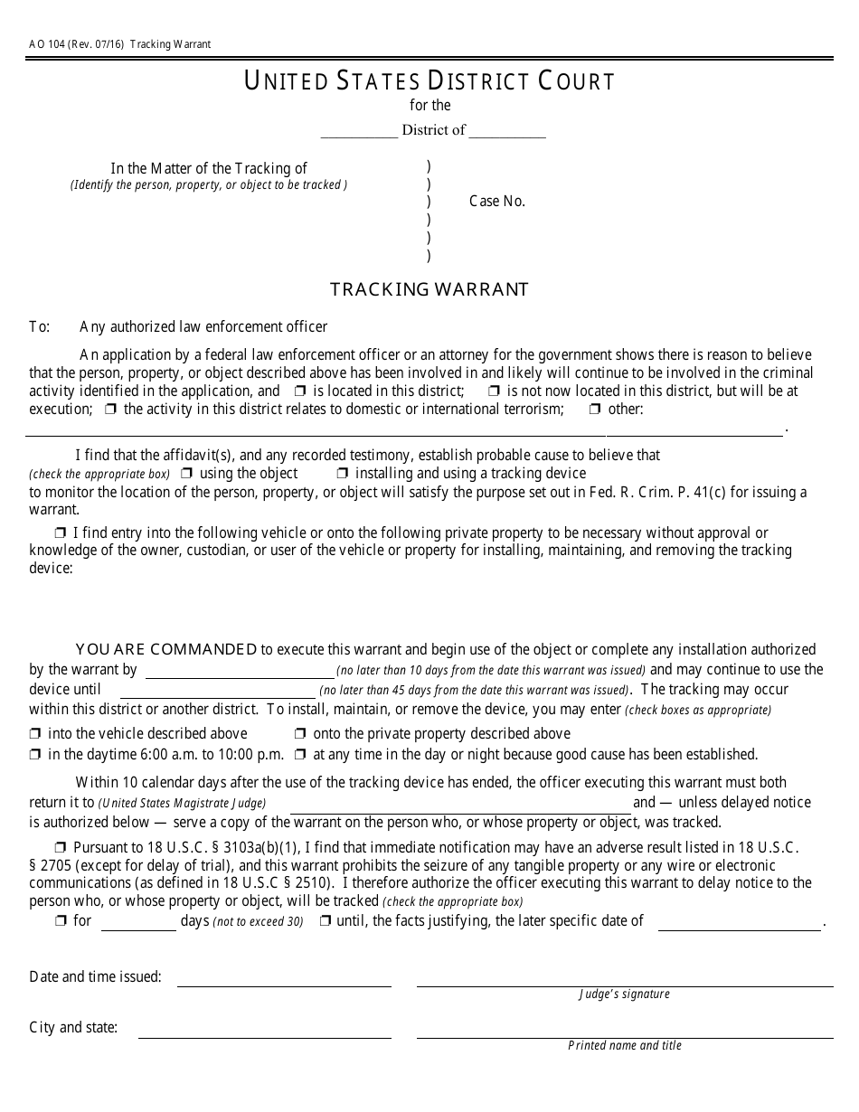 Form AO104 Tracking Warrant, Page 1