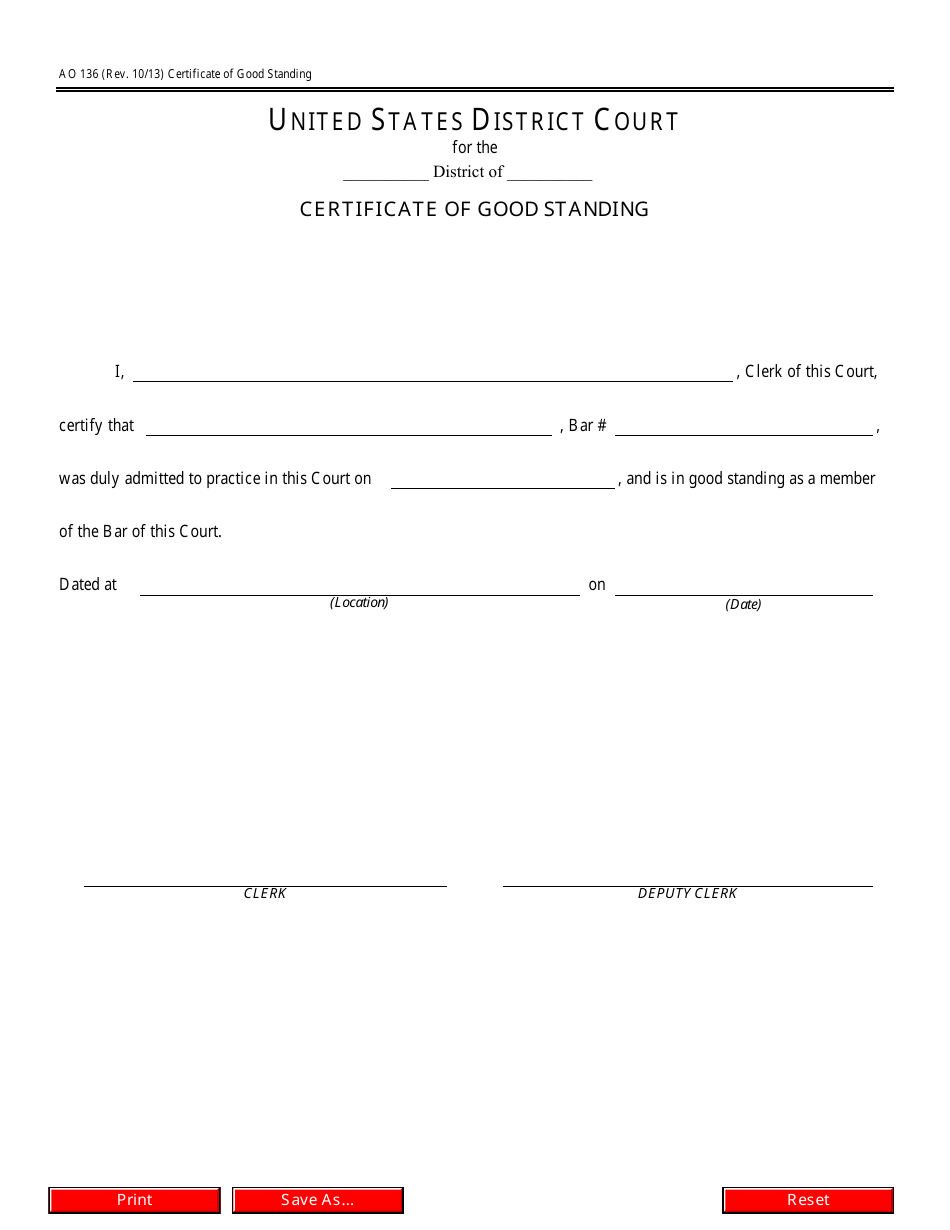 Form AO136 Certificate of Good Standing, Page 1