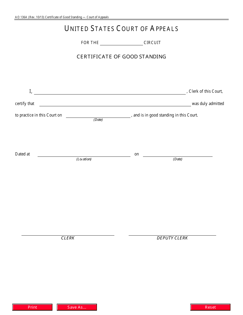 Form AO136A Certificate of Good Standing (Court of Appeals), Page 1