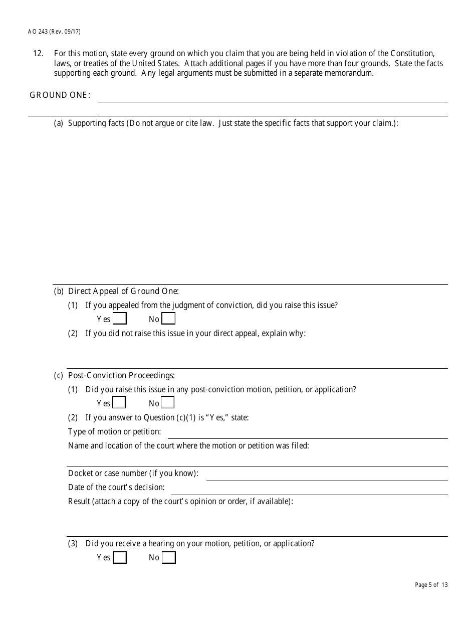 Form AO243 Motion Under 28 U.s.c. 2255 to Vacate, Set Aside, or Correct Sentence by a Person in Federal Custody, Page 5