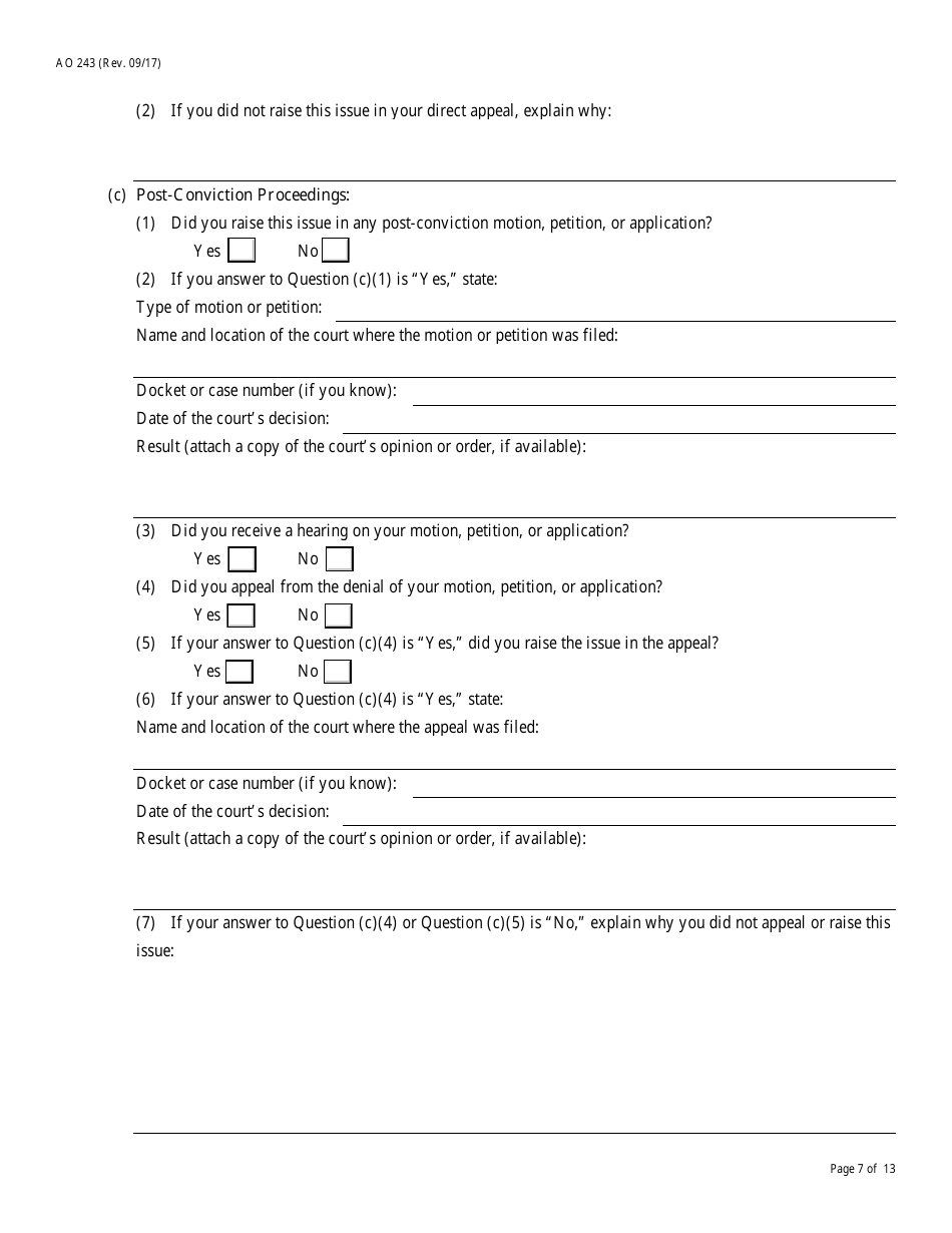 Form AO243 Motion Under 28 U.s.c. 2255 to Vacate, Set Aside, or Correct Sentence by a Person in Federal Custody, Page 7