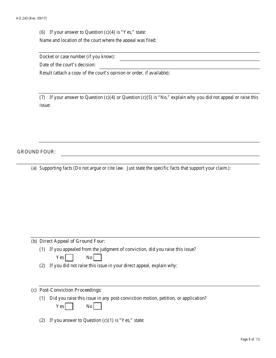 Form AO243 Motion Under 28 U.s.c. 2255 to Vacate, Set Aside, or Correct Sentence by a Person in Federal Custody, Page 9