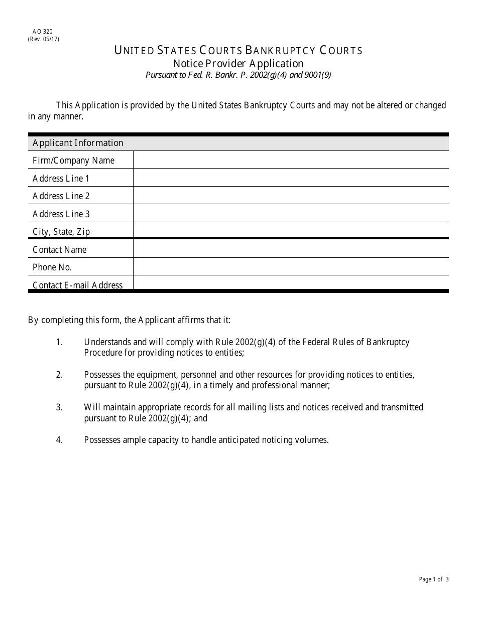 Form AO320 Bankruptcy Notice Provider Application, Page 1