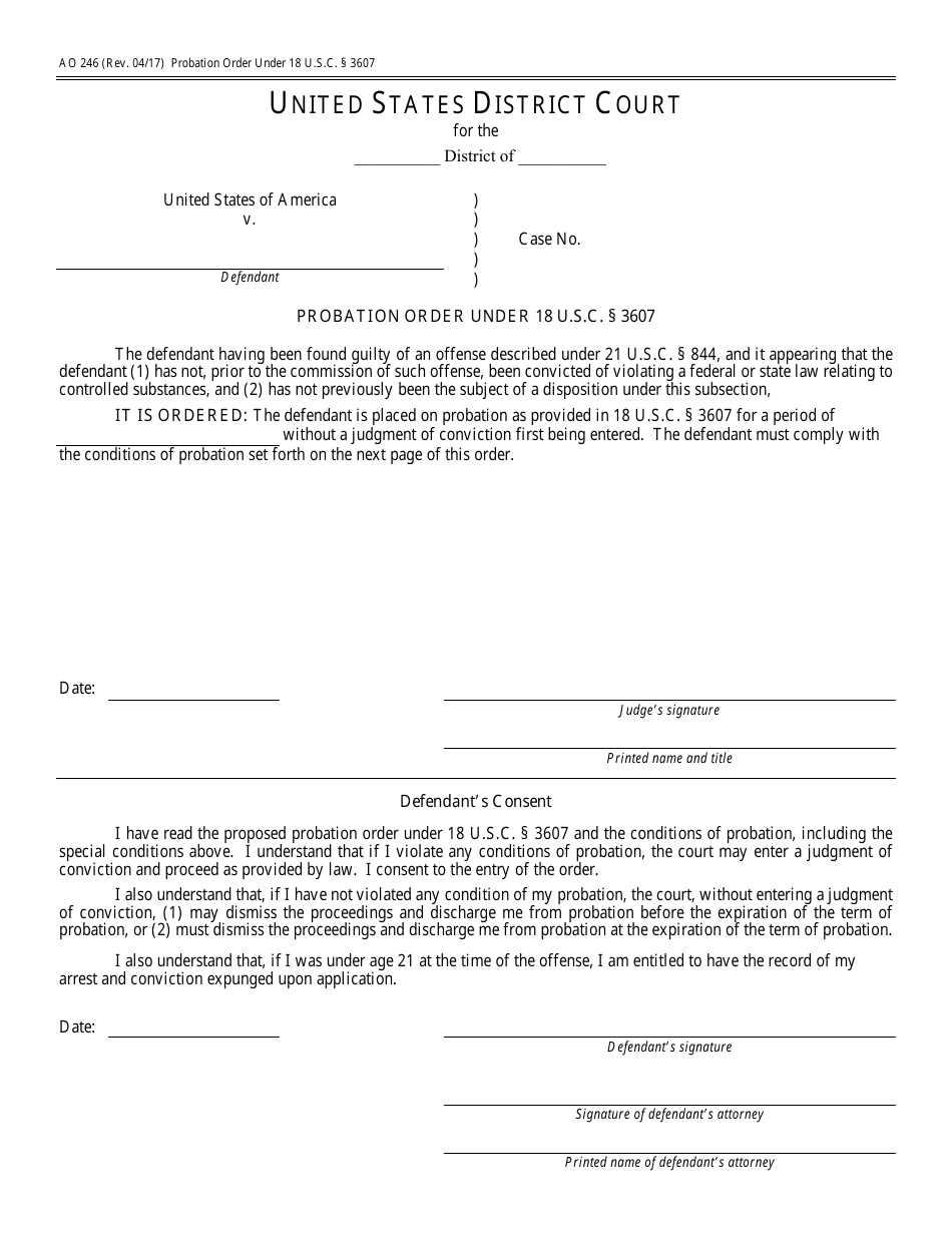 Form AO246 Probation Order Under 18 U.s.c. 3607, Page 1
