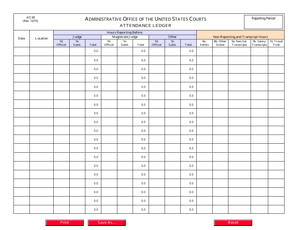 Form AO38 Attendance Ledger, Page 1
