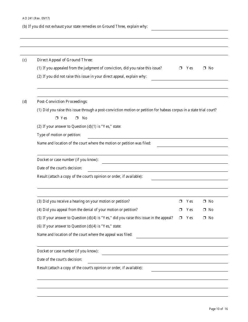 Form AO241 Petition Under 28 U.s.c. 2254 for Writ of Habeas Corpus by a Person in State Custody, Page 10