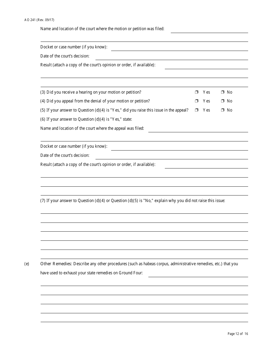 Form AO241 Petition Under 28 U.s.c. 2254 for Writ of Habeas Corpus by a Person in State Custody, Page 12