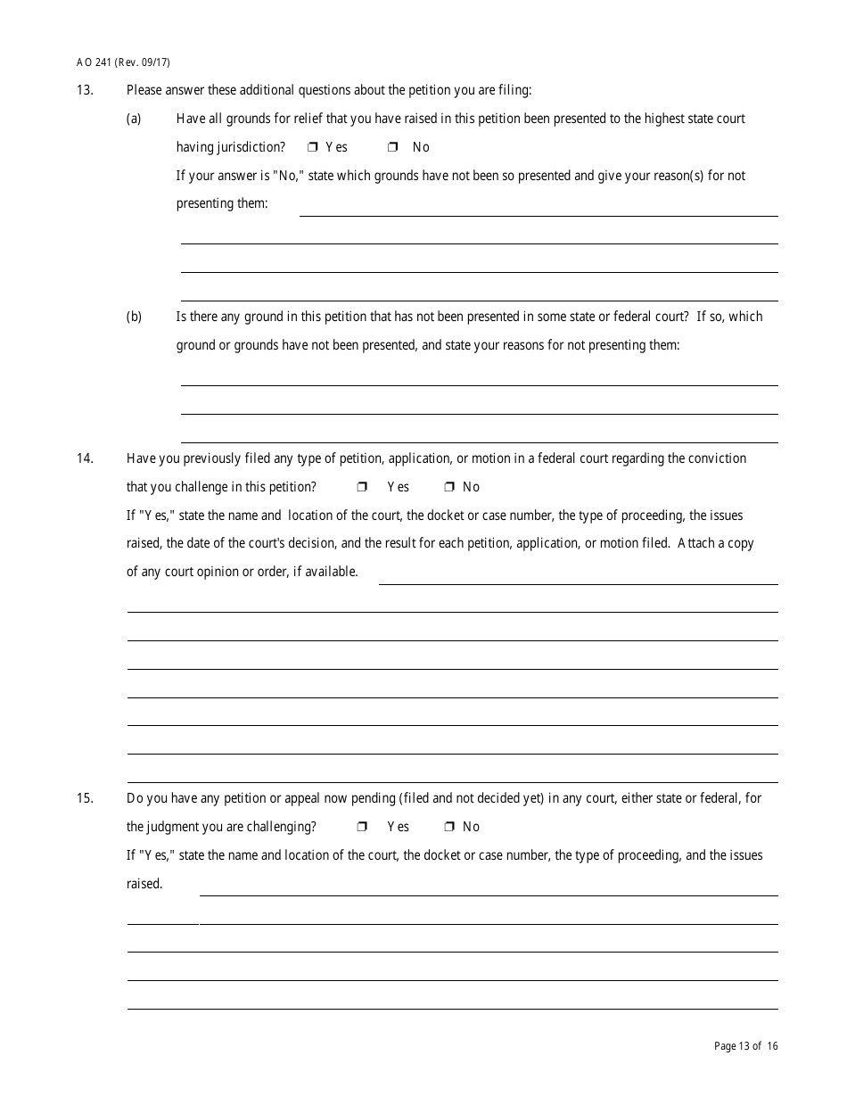 Form AO241 Petition Under 28 U.s.c. 2254 for Writ of Habeas Corpus by a Person in State Custody, Page 13