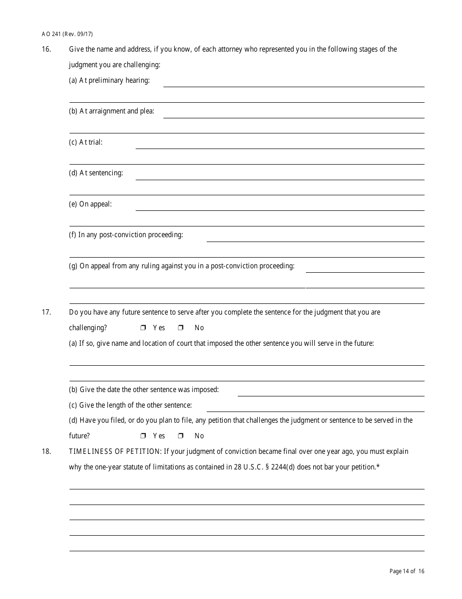 Form AO241 Petition Under 28 U.s.c. 2254 for Writ of Habeas Corpus by a Person in State Custody, Page 14