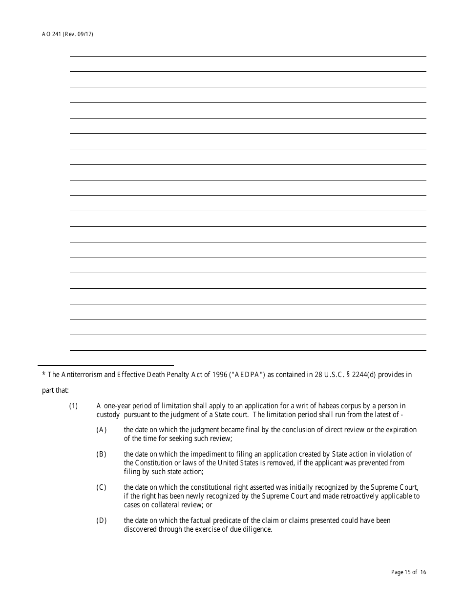 Form AO241 Petition Under 28 U.s.c. 2254 for Writ of Habeas Corpus by a Person in State Custody, Page 15