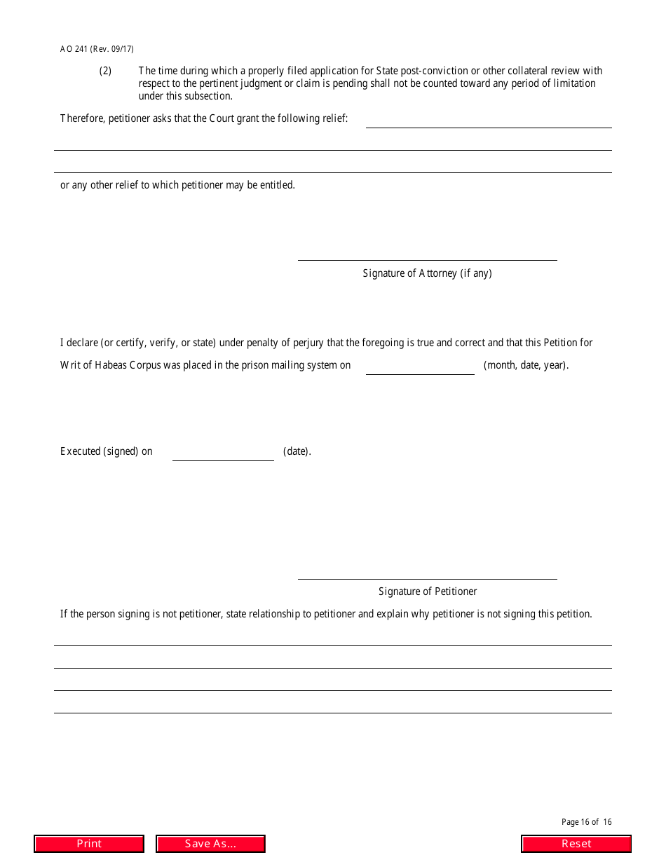 Form AO241 Petition Under 28 U.s.c. 2254 for Writ of Habeas Corpus by a Person in State Custody, Page 16