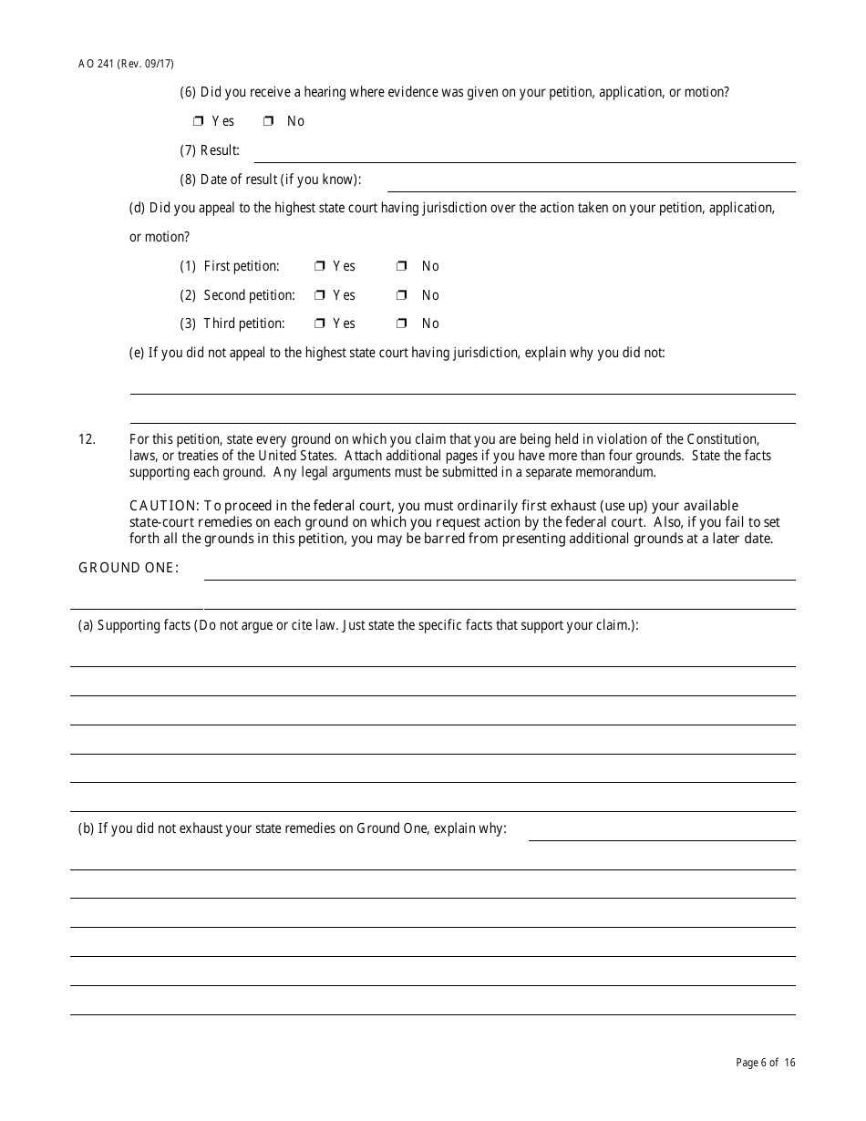 Form AO241 Petition Under 28 U.s.c. 2254 for Writ of Habeas Corpus by a Person in State Custody, Page 6