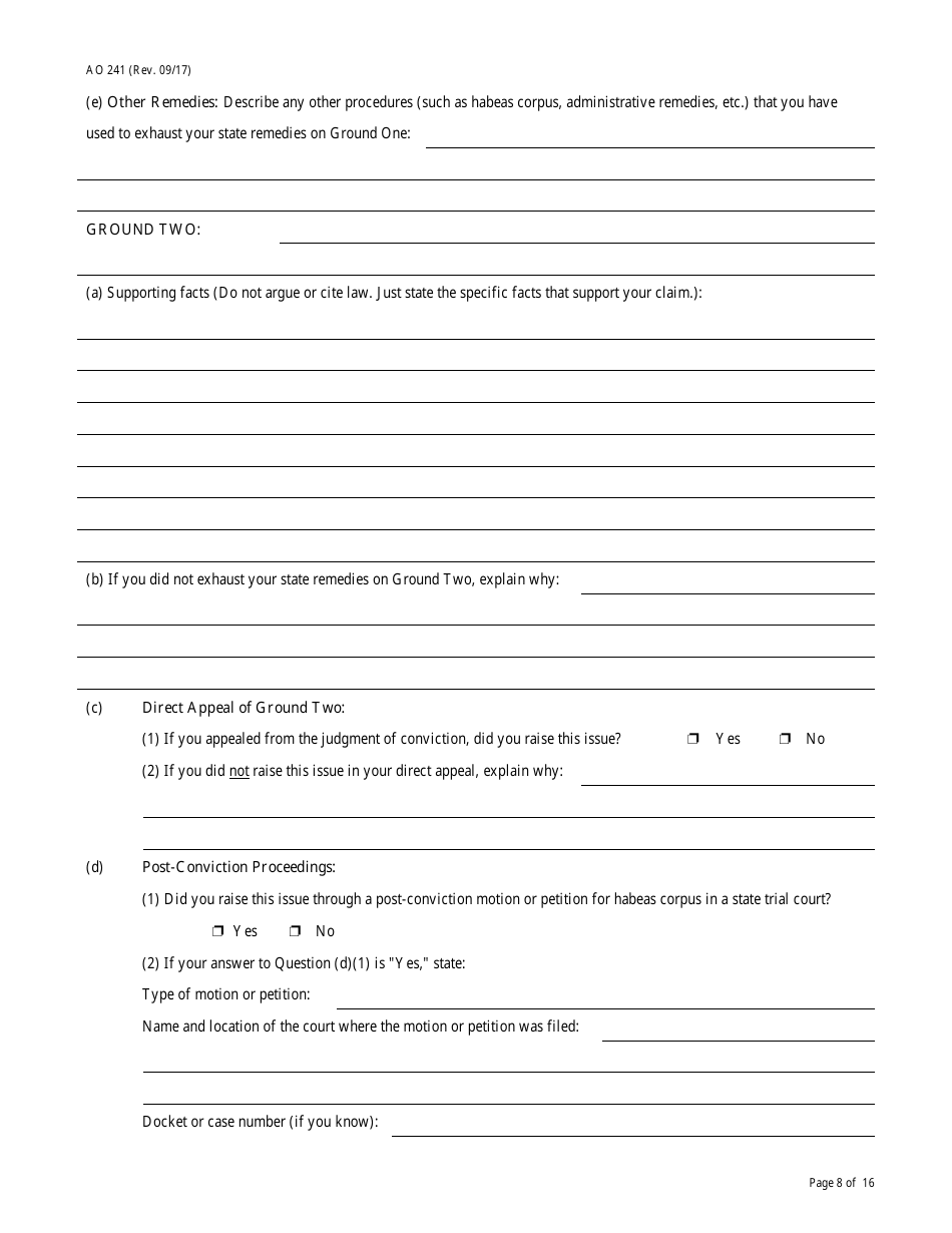 Form AO241 Petition Under 28 U.s.c. 2254 for Writ of Habeas Corpus by a Person in State Custody, Page 8