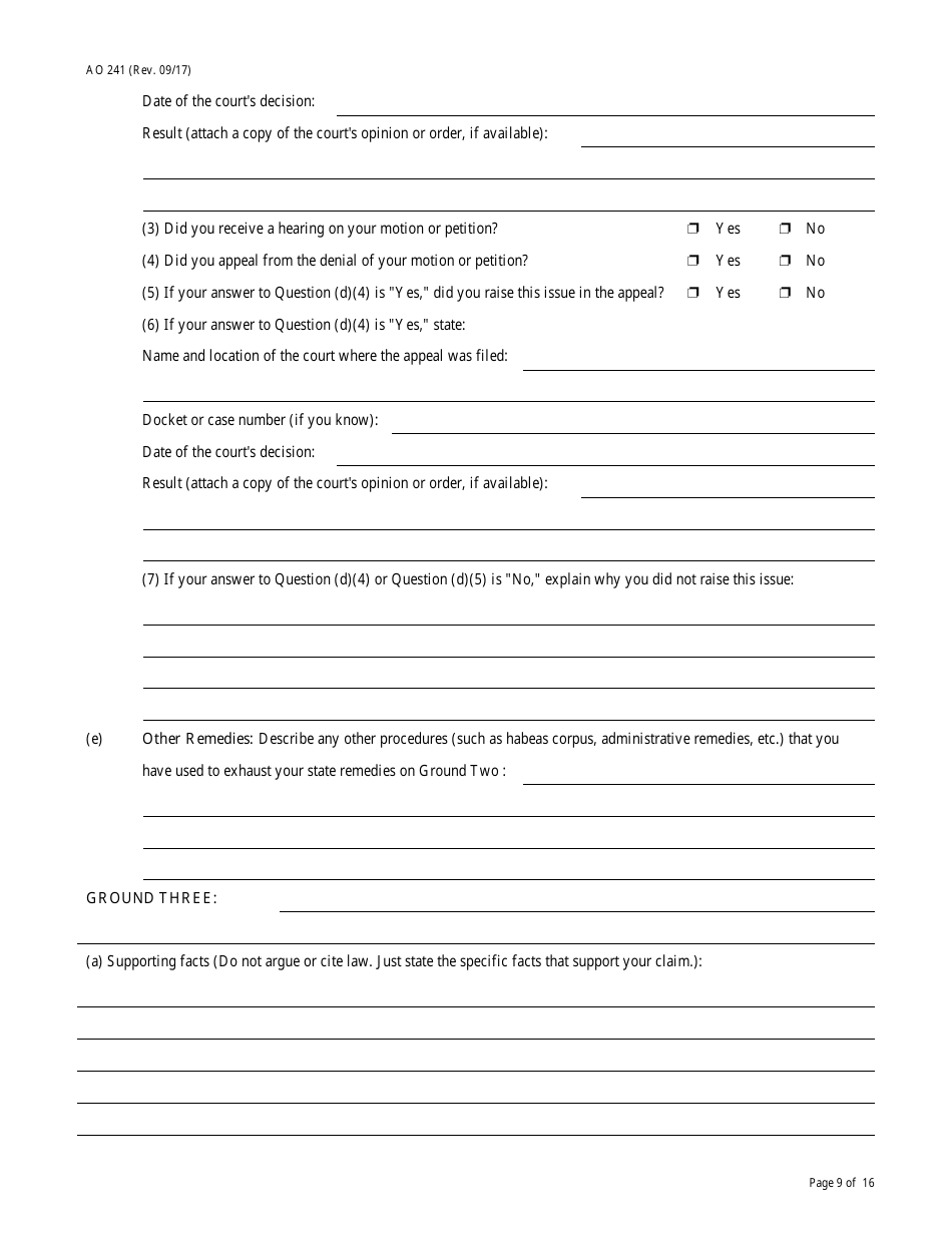 Form AO241 Petition Under 28 U.s.c. 2254 for Writ of Habeas Corpus by a Person in State Custody, Page 9